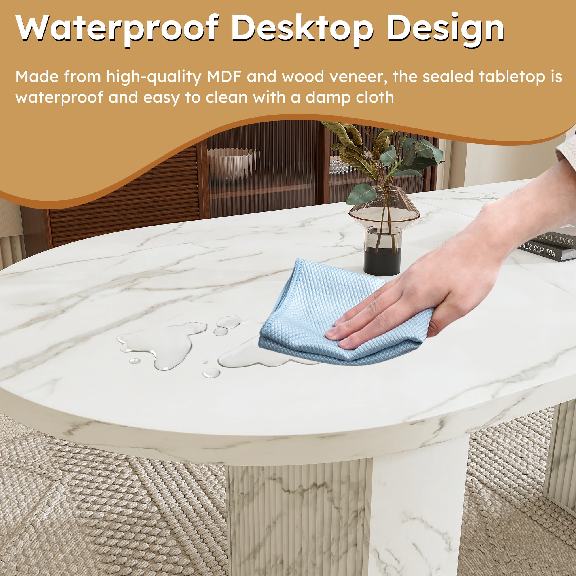 PORKISS 63" Oval Dining Table for 6, Faux Marble Kitchen Table with Stitched Desktop, Modern Dining Room Table with Sturdy Double Pedestal Base, White
