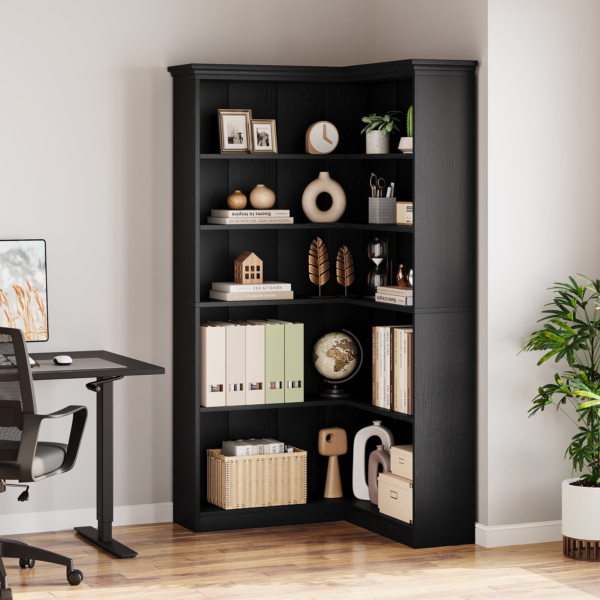 72" Corner Bookshelf, 5-Tier Corner Bookcase, Open Display Storage Rack, Tall L Shaped Bookshelf for Home, Office, Living Room
