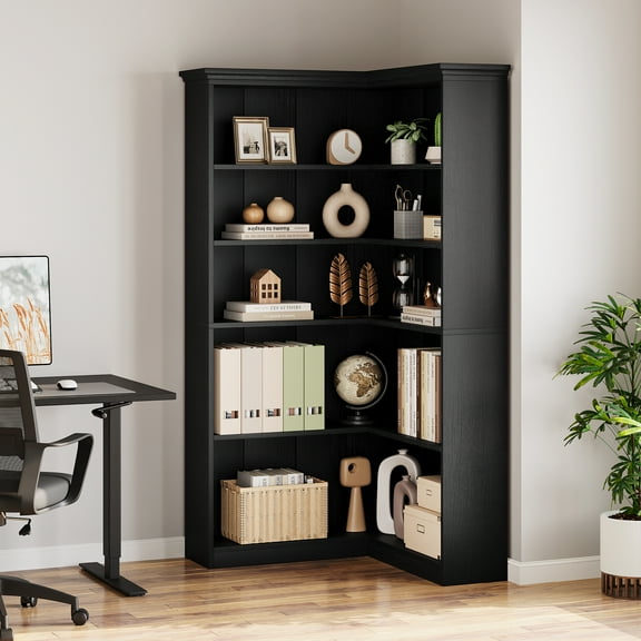 JoanKaren 73" Tall L-Shaped Corner Bookshelf,5-Tier Bookcase with Anti-Tip Design,Full-Back Style,Black