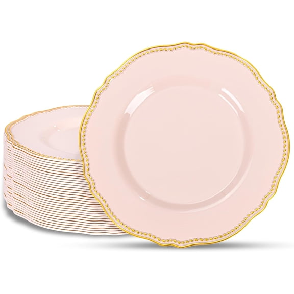 60pcs Pink Plastic Plates - Pink and Gold Disposable Dinnerware with Gold Rim, Heavy-duty, 10.25 inch, Dinner Plates for Party & Valentine's Day