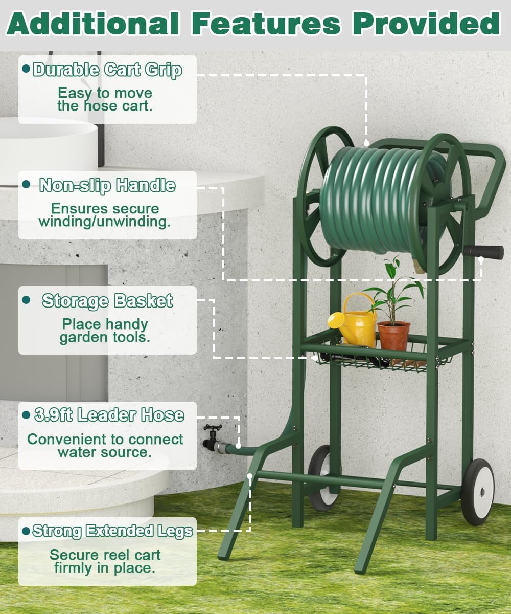 Hose Reel Cart with 2 Wheels, Garden Water Hose Holder Heavy Duty Powder Coated Steel Outdoor Winder Storage Holds 125 ft 5/8" Hoses with Basket and 3.9ft Leader Hose for Backyard, Green