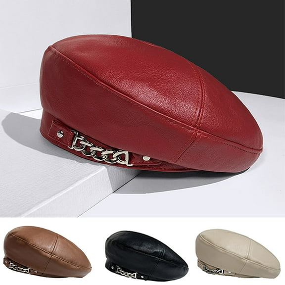 Visland Women Beret Hat, Fashion Vintage Solid Color Chain Decor Faux Leather French Style Beanie Cap Painter Hat for Daily Wear