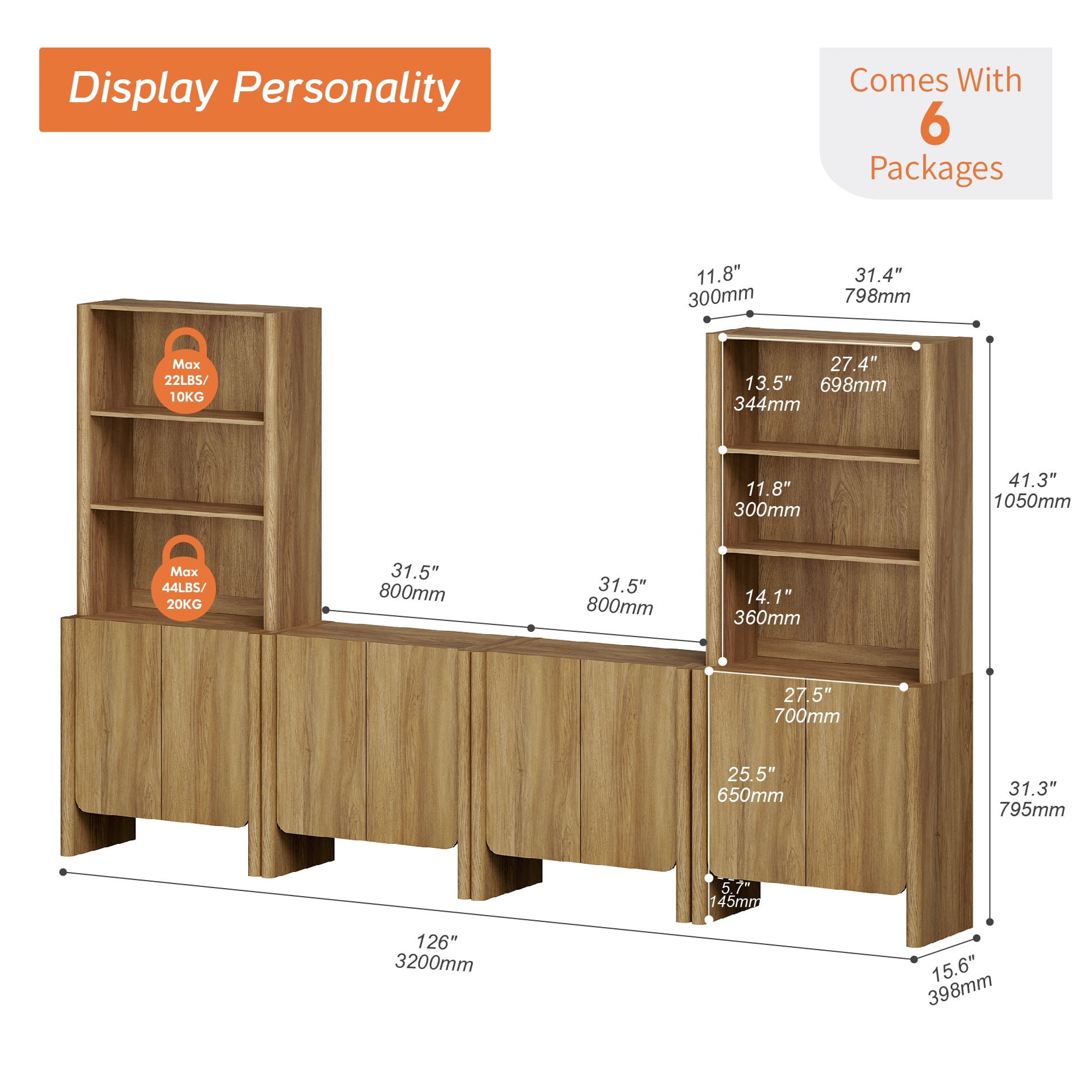 Modern French TV Stand with Bookshelves, 126-Inch Media Console, 4 Doors and Open Shelving, Supports TVs up to 70 Inches, Walnut