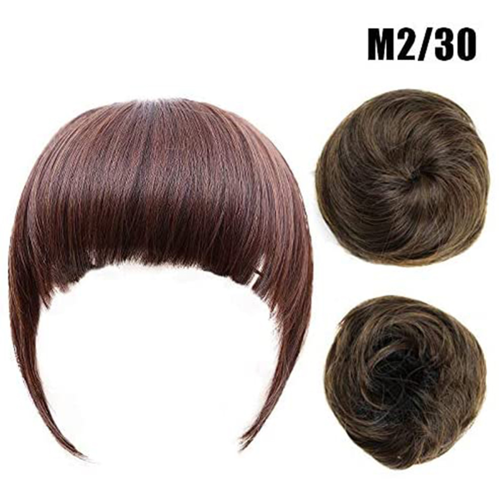 HRSR Women Synthetic Hair Bangs Extension Hair Bun Set Clipin Wig Hair