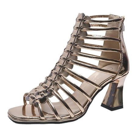 

SEMIMAY Ladies Fashion Solid Color Leather Thin Belt Combination Hollow Back Zipper Thick High Heeled Sandals Gold