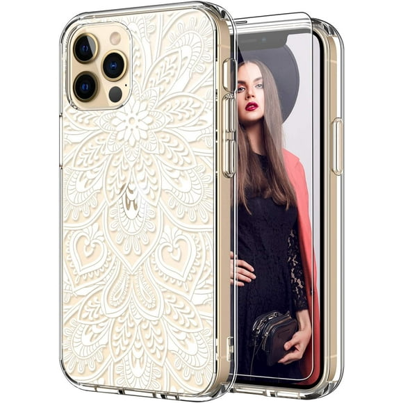 ICEDIO iPhone 12 Case with Screen Protector,iPhone 12 Pro Case,Clear with Henna Blossoms Floral Patterns for Girls Women,Shockproof Slim Fit TPU Cover Protective Phone Case for iPhone 12/12 Pro 6.1"