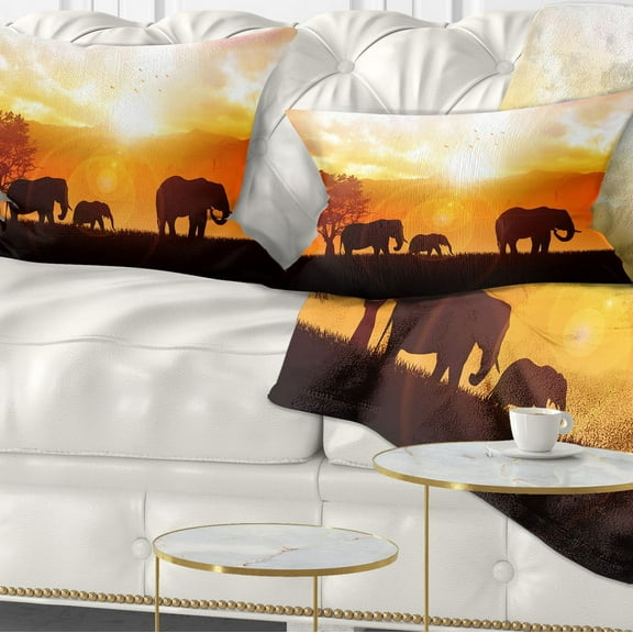 Designart Elephants Walking At Sunset - African Throw Pillow - 12x20