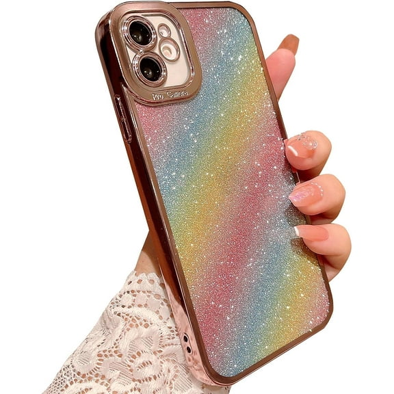 Compatible with iPhone 11 Glitter Plating Case, Luxury Bling Sparkly Shiny Clear Case for iPhone 11 6.1" Camera Protection Soft TPU Shockproof Back Cover for Women Girl- Rainbow