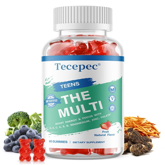 Tecepec Multivitamin Gummies for Teens, Daily Multi‑Vitamin with A C D3 E B‑Complex, Zinc, Magnesium & Superfood Blend, Vegan Non‑GMO, 60 Gummies