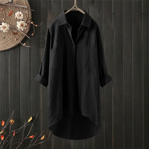 HOWPAY Button down Shirts for Women Long Sleeve Solid Color Classic Fit Collared Work Tops Oversized Stretch Loose Dressy Casual Fall Clothes Black L