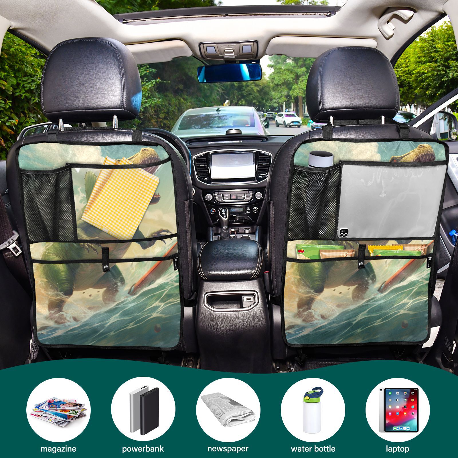 Dinosaur surfing epic wave ride(18) 4 Pack Kick Mat Backseat Protector,Car Seat Back Protectors with Pocket Storage Organizer for Car, SUV, Minivan or Truck Seats