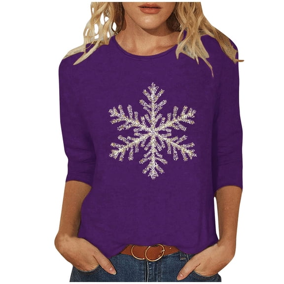LiMoi Women's Round Neck Holiday Blouse Three Quarter Sleeve Featuring a Christmas Snowflake Design Tees Tshirts Tops My Items