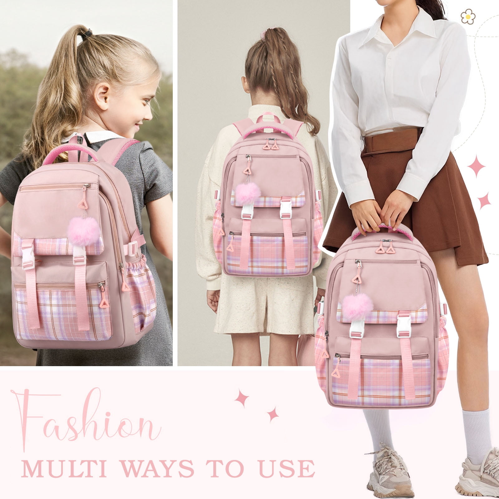DAKIMOE Pink School Backpack for School, Travel, Work, Large Capacity Waterproof Bookbag with 7 Compartments and Luggage Belt