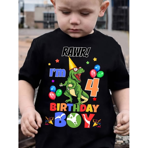 Black Round Neck Funny Sentence Rawr! I'm 4 Birthday Boy Pattern Print Short Sleeve Boy T-shirt, Summer Casual Soft And Comfy Boy Tops, Outdoor Sports Boy Shirt