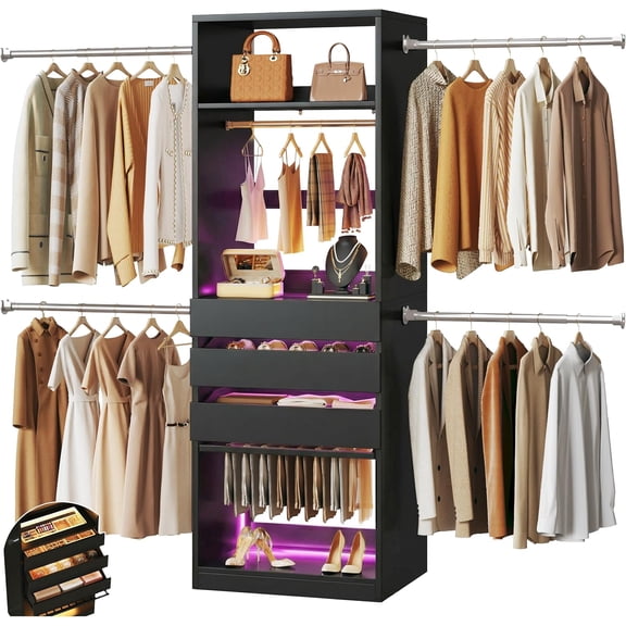 Closet System, 4-8FT Closet Organizer with 3 Wood Drawers & Glass Top, 102'' Walk in Closet with 5 Hang Rods & LED Lights & Trouser Rack, Built-in Wardrobe Clothes Rack with Shelves and Tower, Black