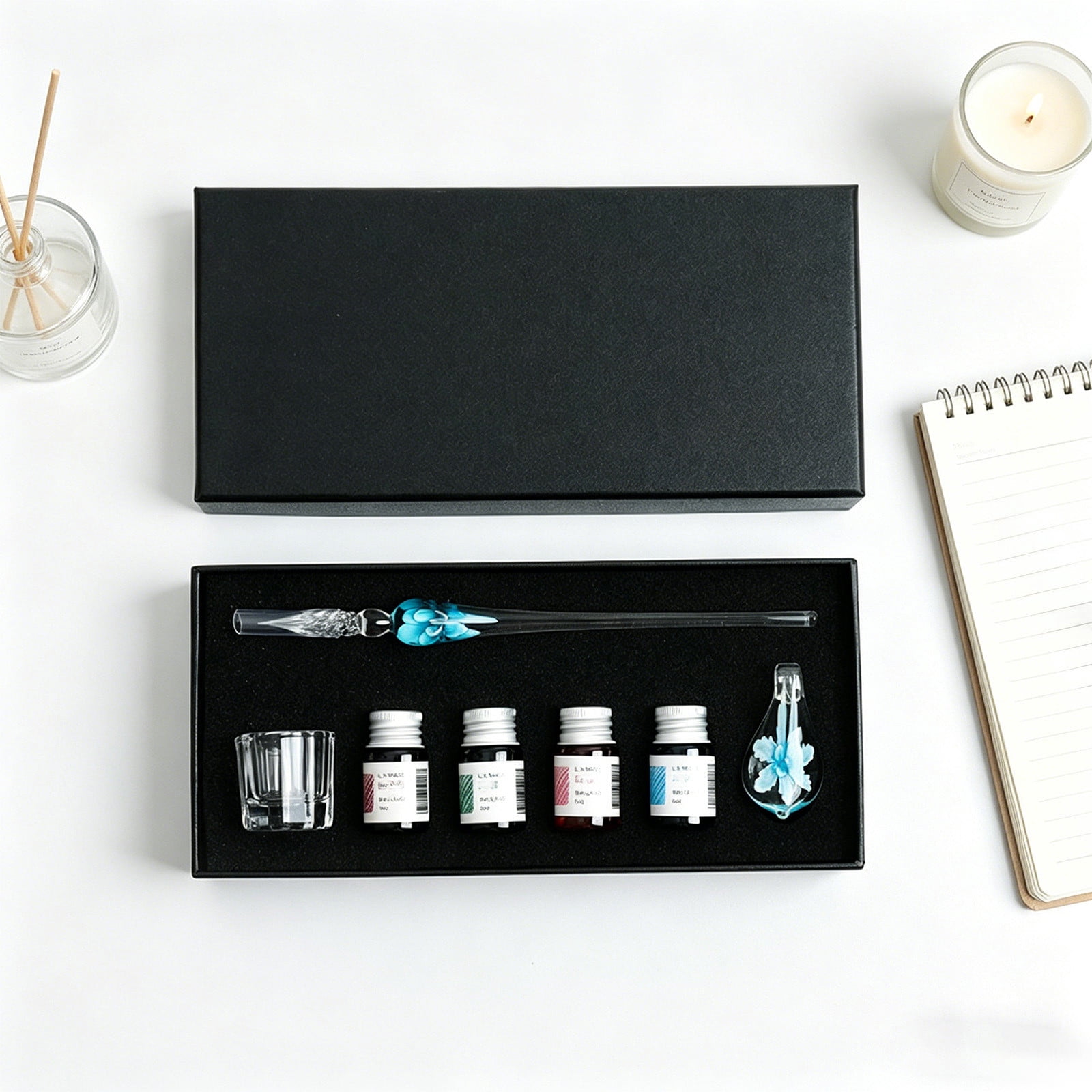 Xheghe Crystal Glass Pen Set with Ink Bottles, Brush Washing Cup & Pen Rack - Ideal Gift for Writers and Professionals