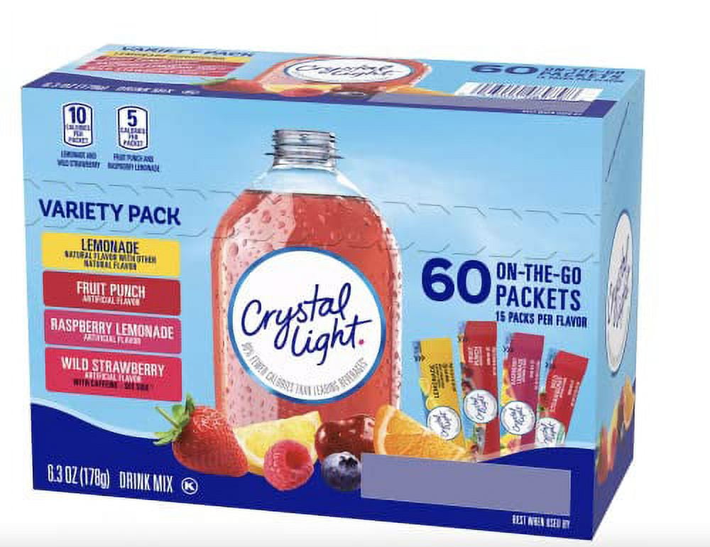 Crystal Light Sugar-Free, Lemonade, Fruit Punch, Raspberry Lemonade and Wild Strawberry On-The-Go Powdered Drink Singles Mix Variety Pack, 60 Count, Each Packet Dissolves into any 16.9 oz. Packaged by