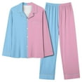 thumbnail image 1 of UAMVSH Women Color Block 2 Piece Pajama Sets Classic Button down Notch Collar Shirts Matching Wide Leg Pants Long Sleeve Pockets Outfits(SmallSky Blue 1), 1 of 4