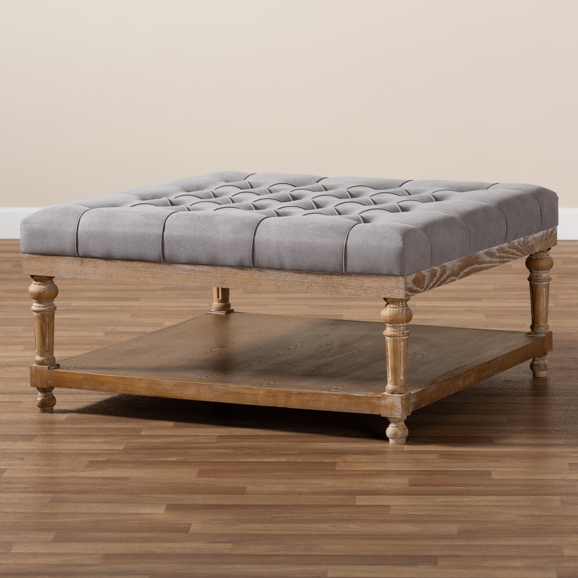Baxton Studio Kelly Modern and Rustic Grey Linen Fabric Upholstered and Greywashed Wood Cocktail Ottoman