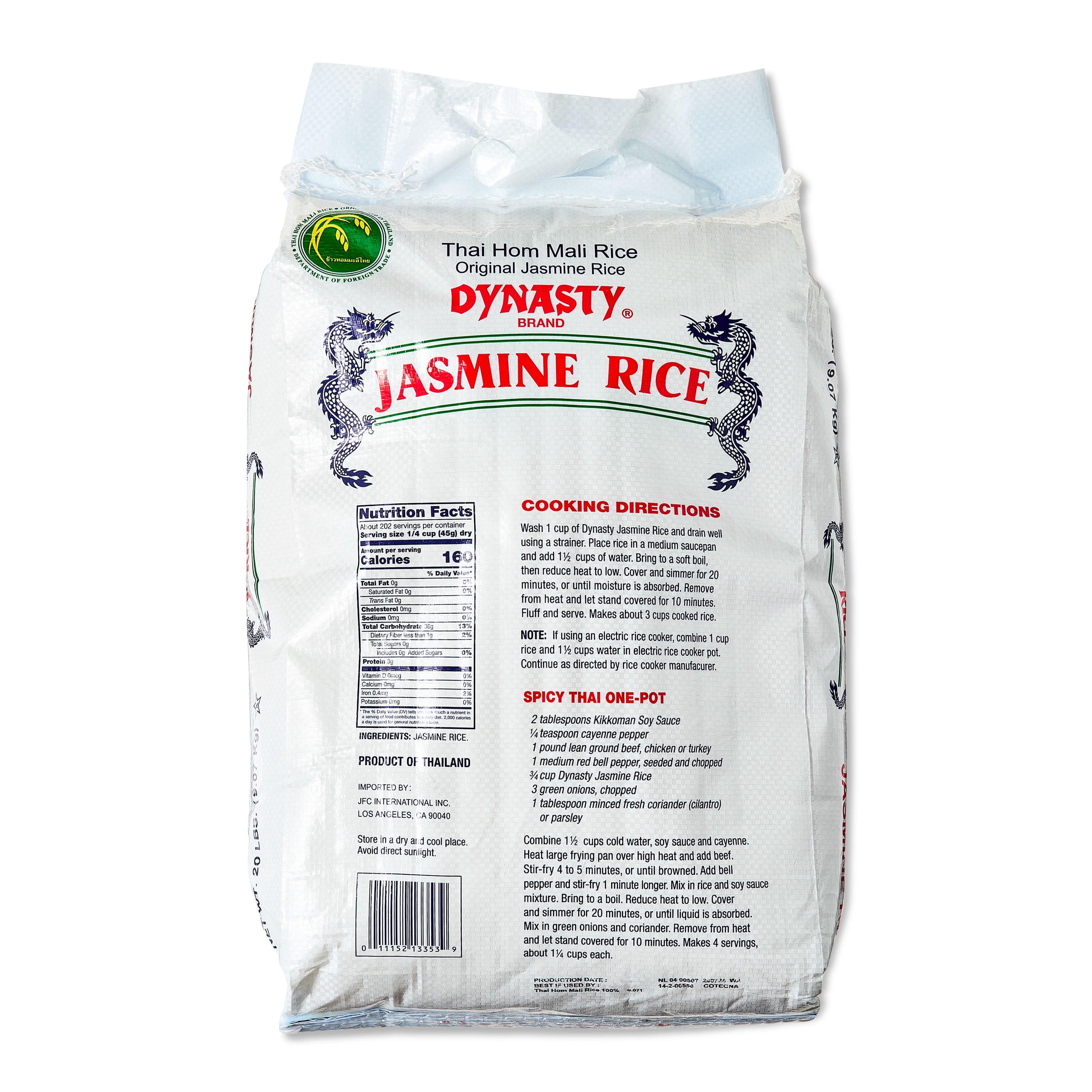 Dynasty Jasmine Rice, 20 lb bag, (Pack of 1), Allergens not contained