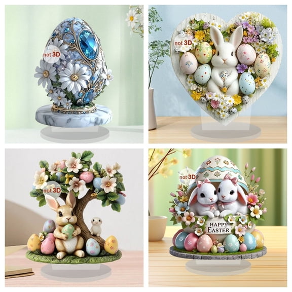 Easter Cute Egg Bunny 2D Flat Acrylic Home Desktop Festive Atmosphere Decoration Ornament, Lightweight & Sturdy Acrylic Figurine For Kitchen Counter Desk Bookshelf,