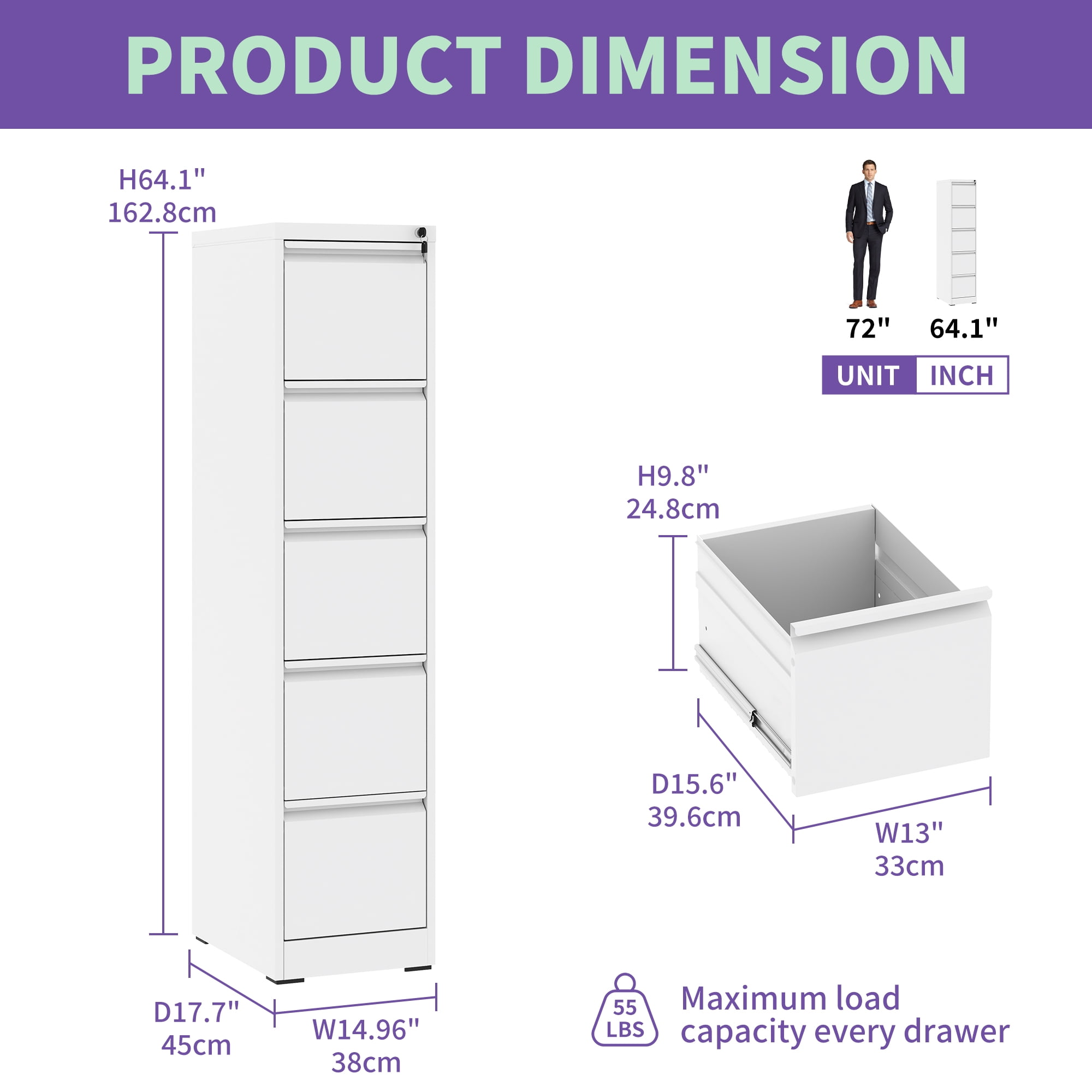 5 Drawer Metal Vertical File Cabinet with Lock Office Home Steel Vertical File Cabinet for A4 Legal/Letter Size