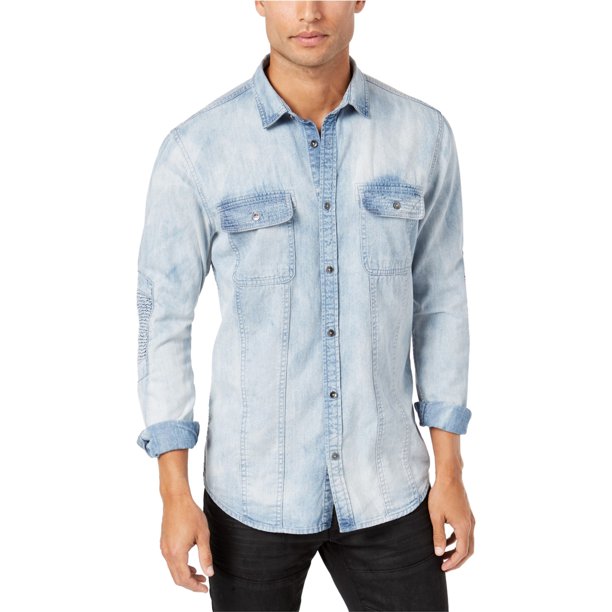 INC Mens Denim Moto Button Up Shirt, Azul, Grande I-N-C Botones al frente