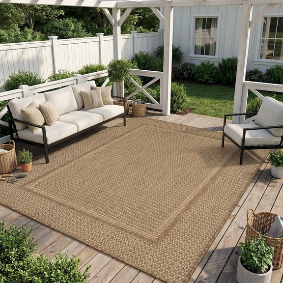 -Outdoor Rug-Patio Rug 5x7 ft Polypropylene Indoor Outdoor Rugs Outdoor Carpet for Patio Deck Balcony Porch, Textured Weave, Durable for High Traffic, Fade-Resistant, Modern Neutral Brown