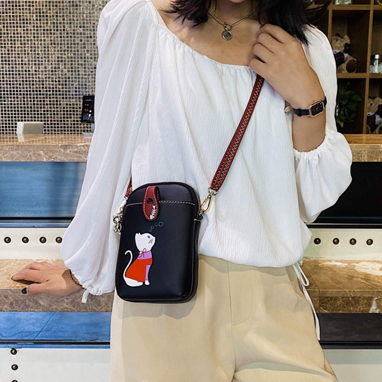 Small Crossbody Phone Bag for Women Leather Cute Cat Cellphone Purse Shoulder Bags PU Wallet