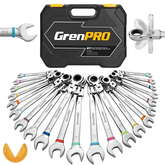 Juego de llaves GRENPRO Flex-Head Ratcheting, 23 piezas, métricas y SAE