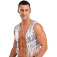 thumbnail image 3 of YiZYiF Men's Shiny Sequins Cropped Vest Top Sleeveless Cowboy Open Front Fringe Jacket Waistcoat Silver M, 3 of 7