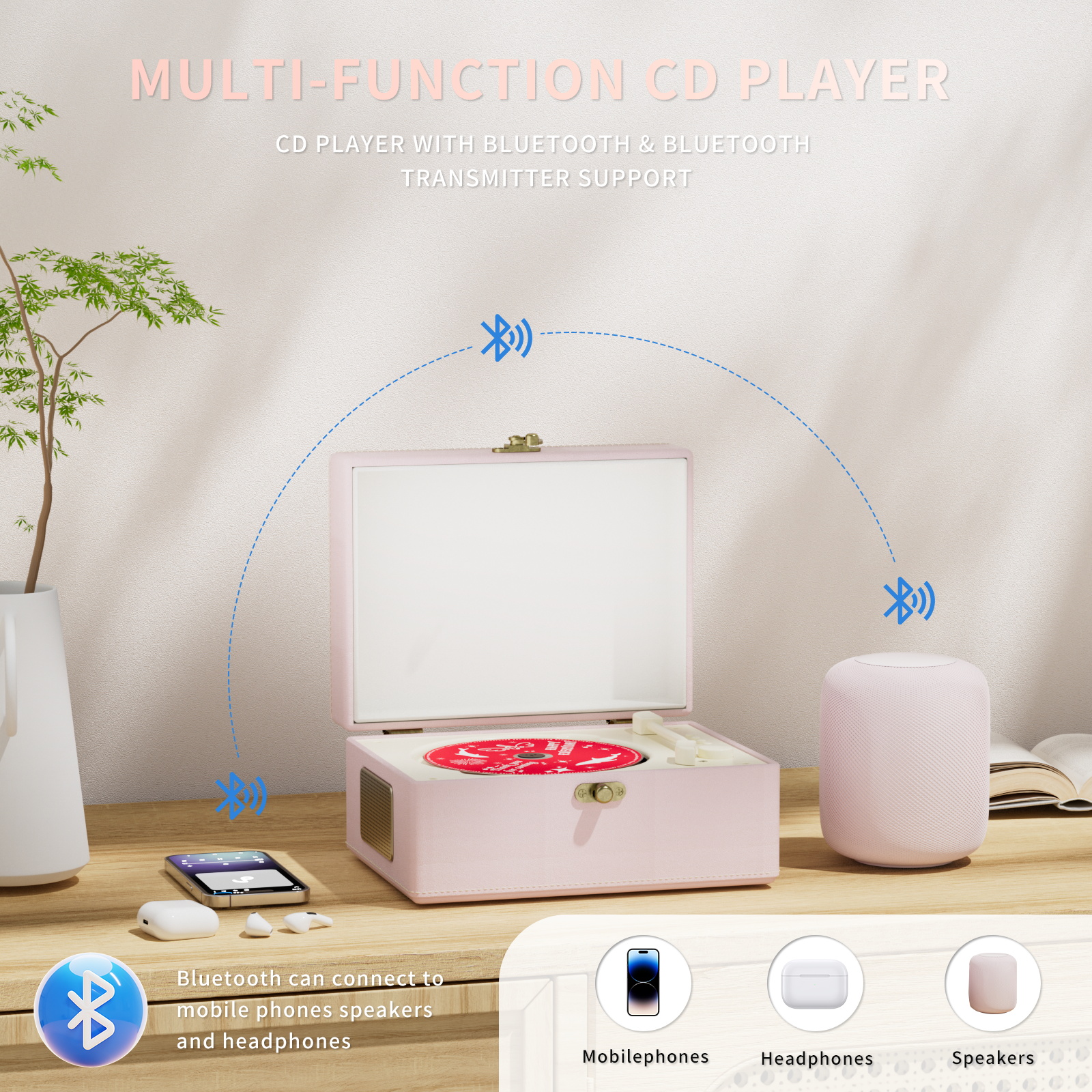 Yintiny Rechargeable Vintage CD Player with Speakers; Bluetooth Transmitter; Festival Gift; BGM Player for Home Decor