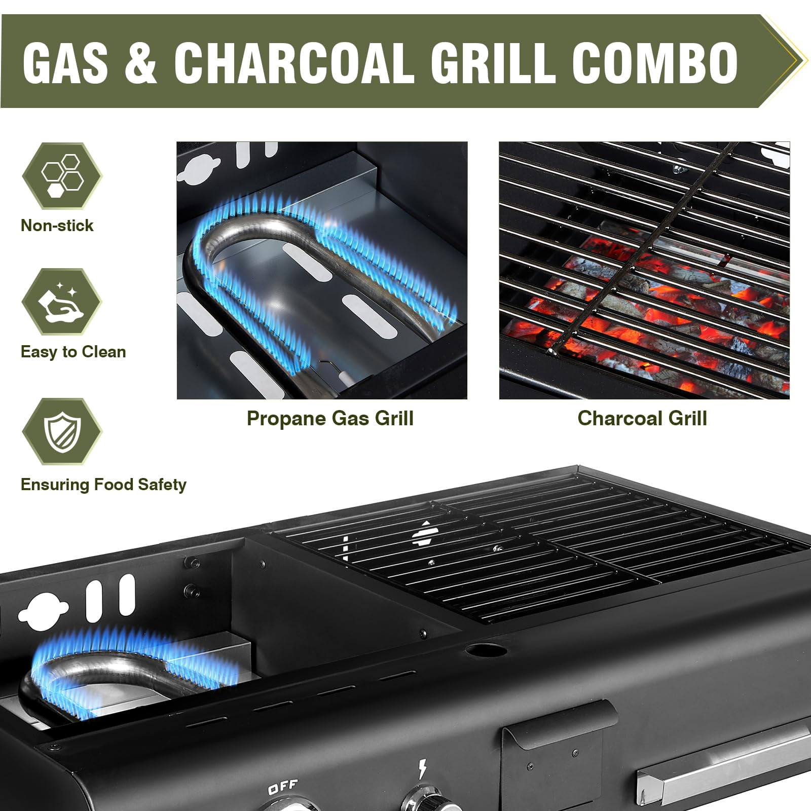 Frizi Flat Top Griddle with Dual Fuel, Tabletop Propane & Charcoal Grill Combo, 12000 BTU, 2 Side Shelves – Compact BBQ Grill for Patio, Camping & Small Outdoor Spaces