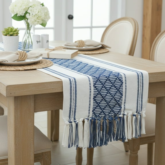 Boho Dining Table Runner with Tassel Fringe 14 x 72 Inches, Navy Blue & Cream | Farmhouse Style Woven Dresser Scarf / Designer Console Table Topper Cover