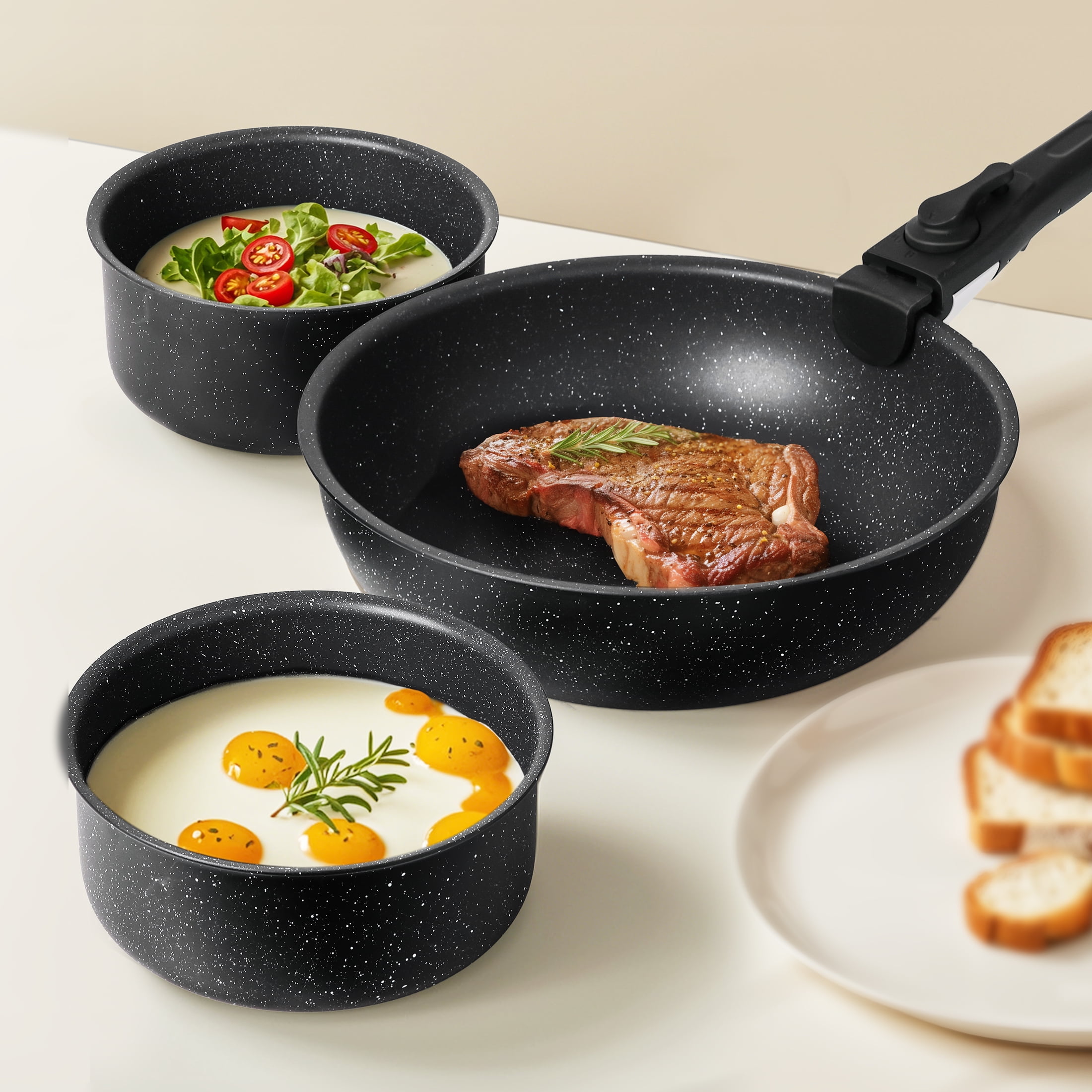 JIOABL 12 Pcs Non-Stick Cookware Set, Complete with Pots and Pans Featuring Detachable Handles, Beige
