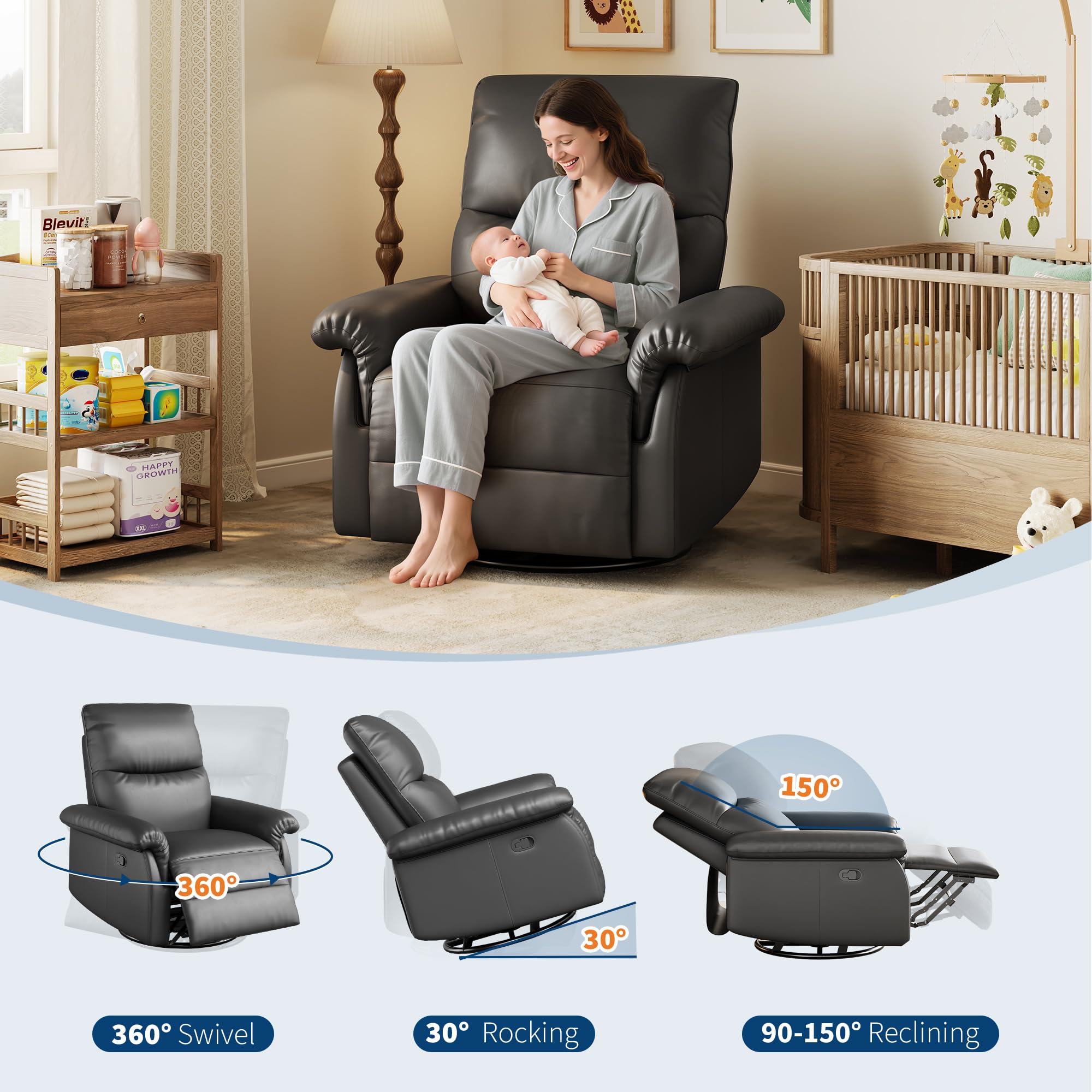 Soonbuy Swivel Rocking Nursery Recliner Chair, Rocker Recliner Glider Deep Seat, PU Leather Sofa Chair with high Backrest for Nursery, Living Room, Bedroom & Home Movie Theater, Orange/Black