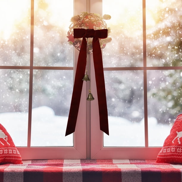 Adorno de lazos de terciopelo navideño | Moño de cinta roja flokada para árbol, corona, envoltorio de regalo | Decoración navideña colgante duradera, elegante toque festivo, toque suave, paquete de 1