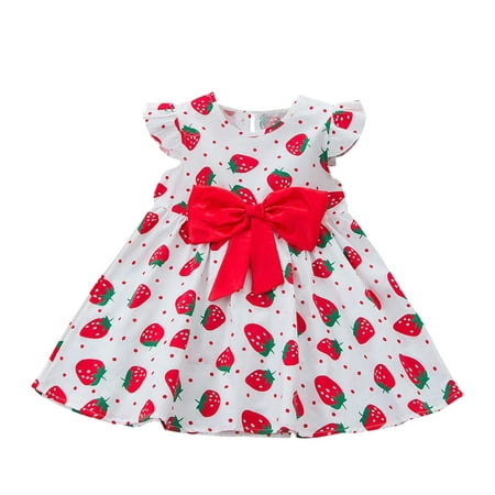 

QWERTYU Infant Baby Toddler Child Children Kids Flutter Sleeve Bow Dresses for Girl Summer Dress Sleeveless Strawberry Sundress 6M-4Y