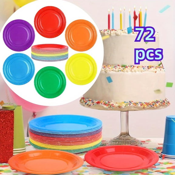 CHENFENG Heavy Duty Disposable Round Rainbow Paper Dessert Party Plates 72 Count 7 Inch