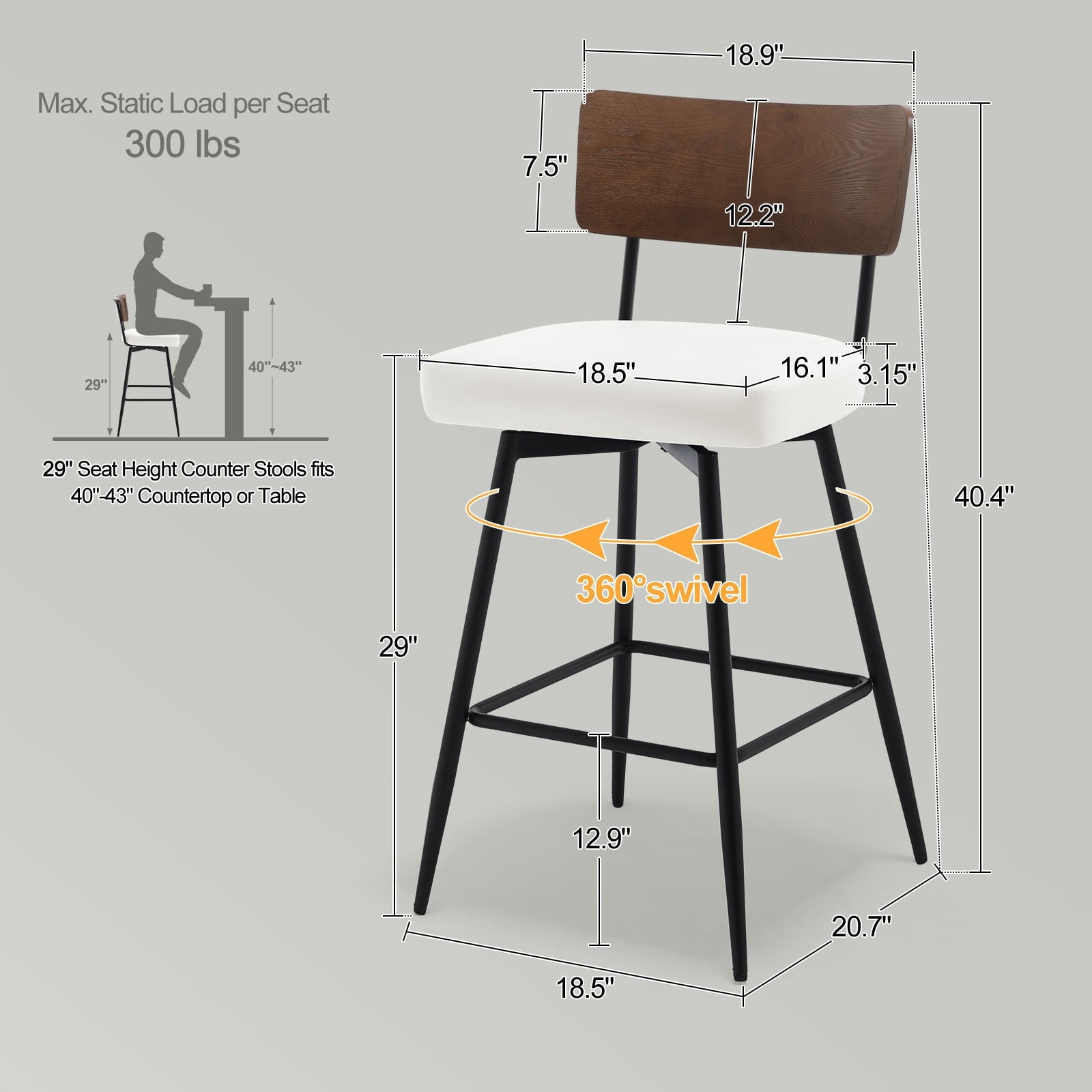 ANMINY Swivel Bar Stools Set of 3, 29" Seat Height, Upholstered Faux Leather Counter Barstools with Wood Backs and Metal Legs, Counter Height Bar Stool for Kitchen Island