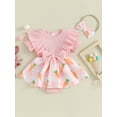 thumbnail image 2 of FEORJGP Infant Baby Girls Easter Romper Dress Short Sleeve Jumpsuit Ruffled Round Neck Bodysuit Egg/Carrot Print Rompers Dress with Bow Headband Cute Casual Spring Clothes, 2 of 9