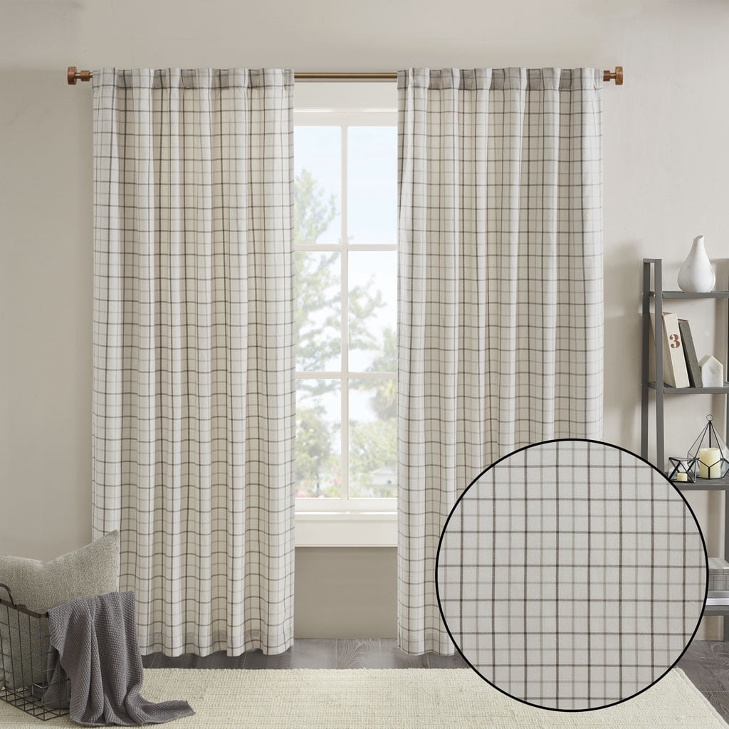Plaid Rod Pocket and Back Tab Curtain Panel with Fleece Lining Natural 50"x95"