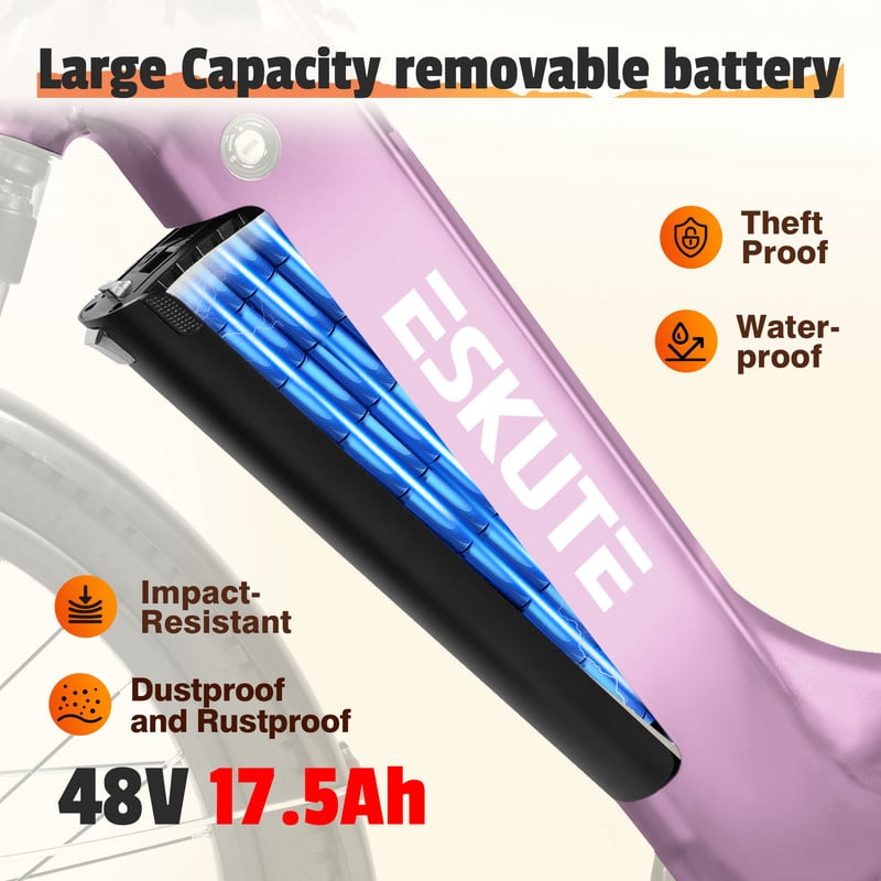 ESKUTE C200 Electric Bike for Adults, 1300W Peak Power Ebike, 28MPH Step-Thru E-Bicycle with 840Wh Removable Battery, Up to 70 Miles, 26" Tires, 7 Speed Adjustable Stem,Pink, UL2849