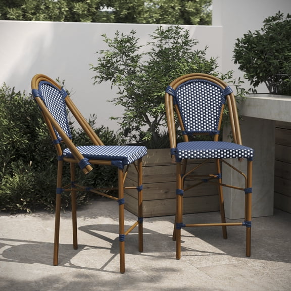 BizChair Set of 2 Stackable Indoor/Outdoor Bistro 26" High Counter Height Stools, Commercial Grade, Navy/White and Bamboo Finish