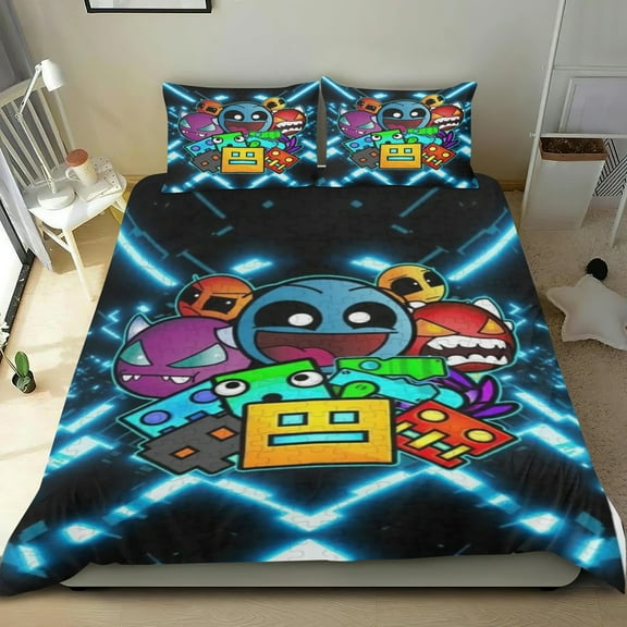 Geometry Dash Themed Bed Sheet Set Three Piece Set 53x79 In ches Comfortable And Skin Friendly Unique Design Creating A Star Studded Night Home Decor Gifts For Family Friends fans