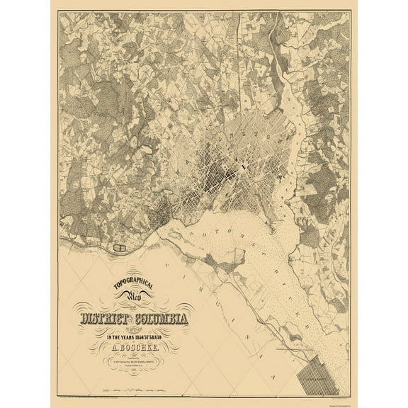 Topographical Map - Washington DC Maryland - Boschke 1861 - 23 x 30.5 - Vintage Wall Art