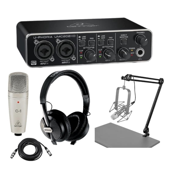 Behringer U-Phoria Studio Pro Complete Recording Bundle, UMC202HD USB Audio Interface, C-1 Studio-Grade Microphone, Studio Headphones, Broadcast Arm with Internal Springs, and Integrated 10' XLR