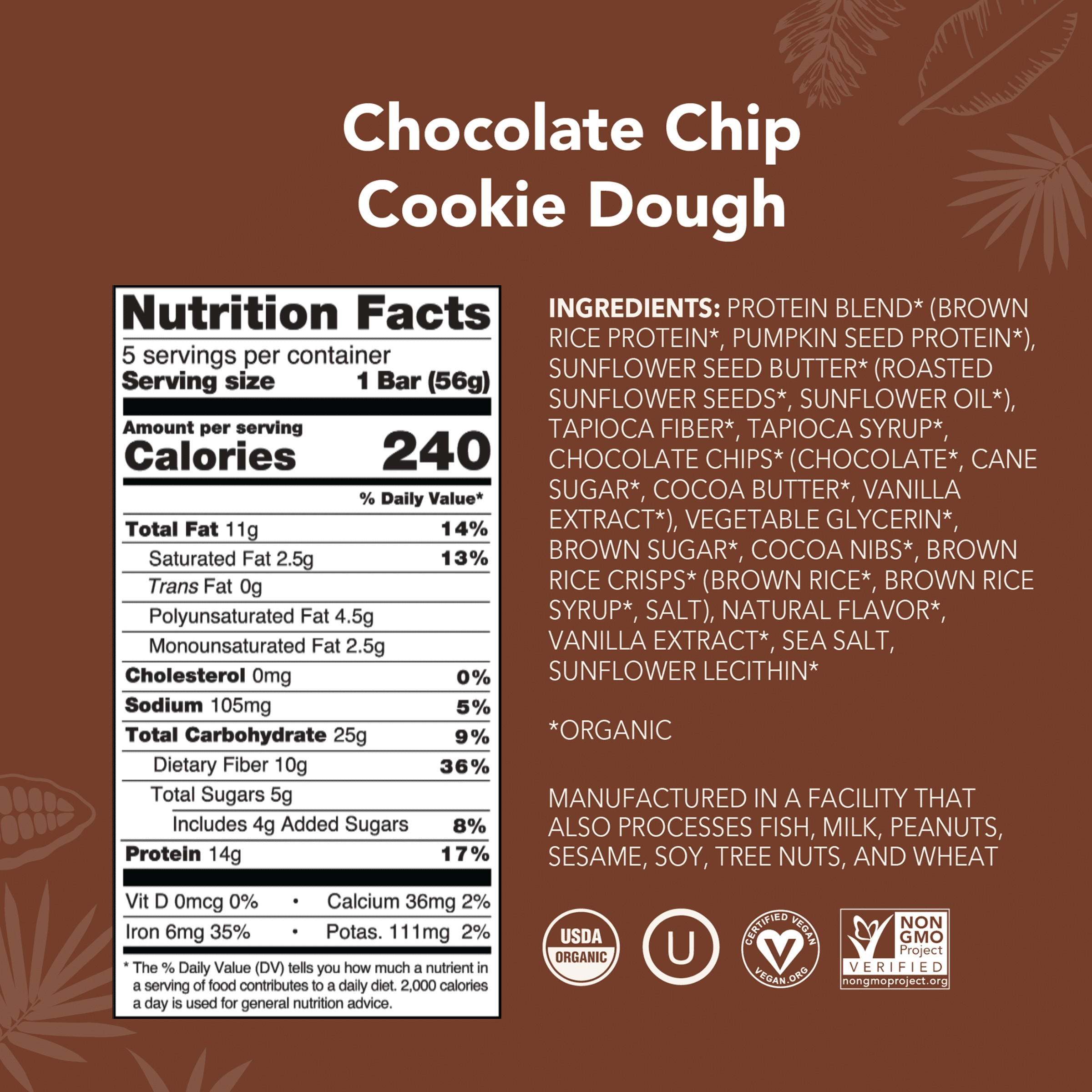 (3 pack) Aloha Plant-Based Protein Bars, 14g Protein, Chocolate Chip Cookie Dough, 5 Pack