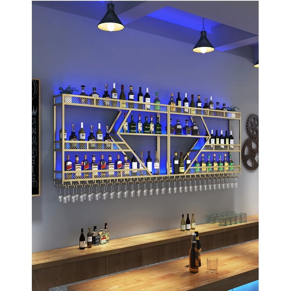 Pikysailed 59in Modern Wall Mounted Wine Rack w/ LED Light, Metal Bar Shelves Wall Mounted w/ Glass Holder, Large Liquor Shelf for Liquor Bottles for Kitchen & Dining Room