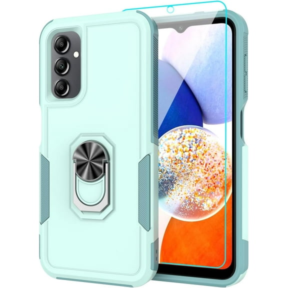 for Samsung Galaxy A14 5G Case with Tempered Glass Screen Protector,Heavy-Duty Tough Rugged Phone Case Cover with Ring Holder Kickstand for Galaxy A14 5G (6.8", 2023) [Mint Green]
